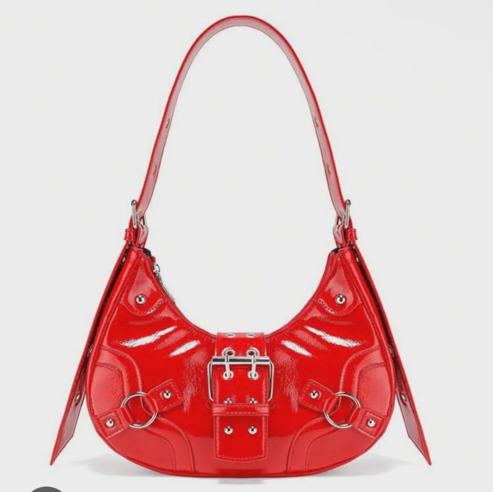 ❣️Retro Punk Vibrant Glossy Red Shoulder Hobo Bag 💕 - Picture 2 of 10